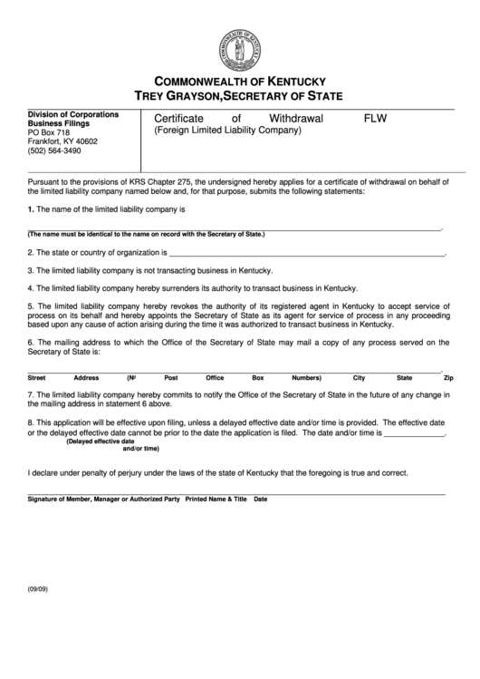 Fillable Form Flw - Certificate Of Withdrawal (Foreign Limited Liability Company) - 2009 Printable pdf