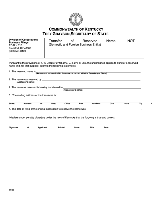 Fillable Transfer Of Reserved Name (Domestic And Foreign Business Entity) - Commonwealth Of Kentucky Printable pdf