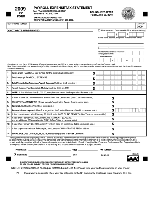 Fillable 2009 Ez Form - Payroll Expense Tax Statement Printable pdf