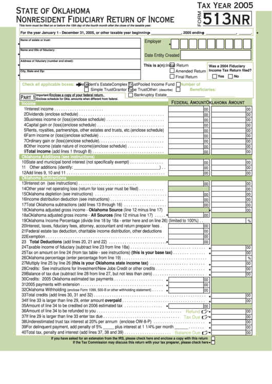 Form 513nr - Oklahoma Nonresident Fiduciary Return Of Income - 2005 Printable pdf