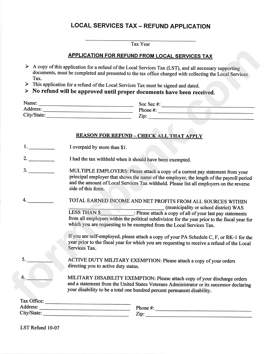 Local Services Tax -Refund Application