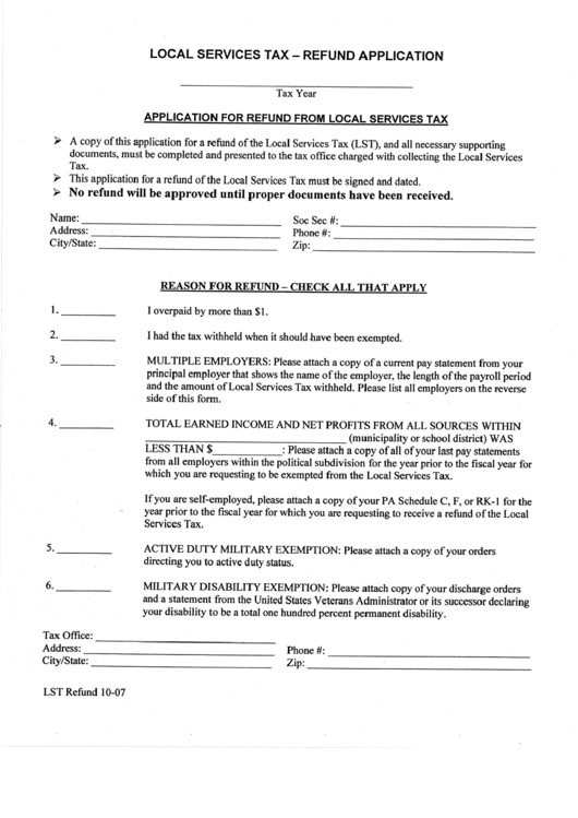 Local Services Tax -Refund Application Printable pdf