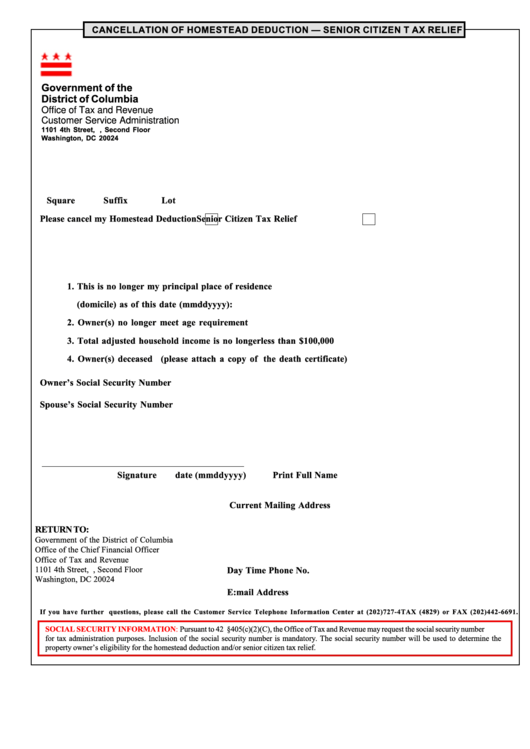 Fillable Cancellation Of Homestead Deduction - Senior Citizen Tax Relief Form Printable pdf