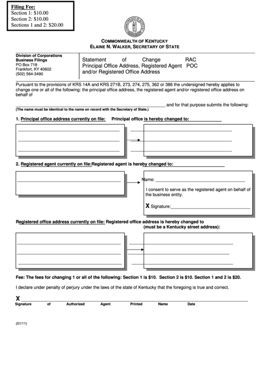 Fillable Form Rac/poc - Statement Of Change Principal Office Address, Registered Agent And/or Registered Office Address Printable pdf