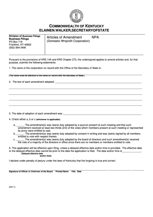 Fillable Form Npa - Articles Of Amendment (Domestic Nonprofit Corporation) - 2011 Printable pdf
