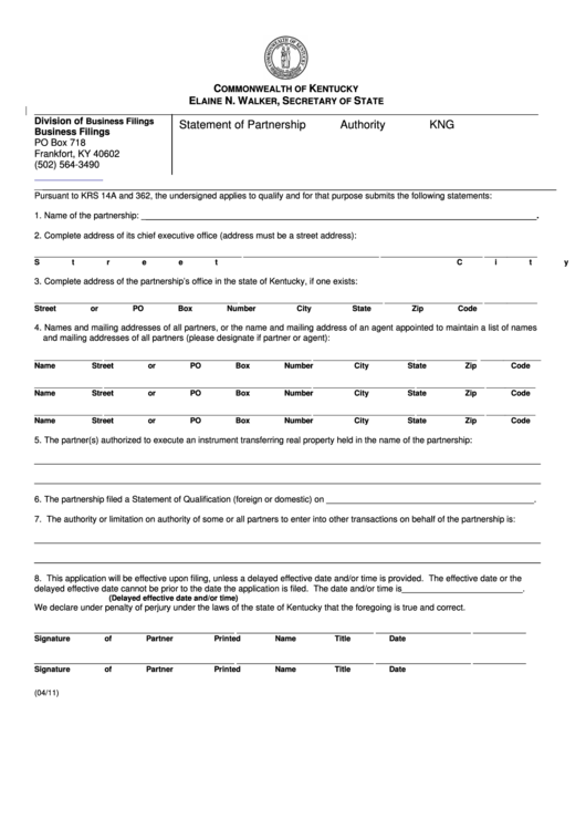 Fillable Form Kng - Statement Of Partnership Authority Printable pdf