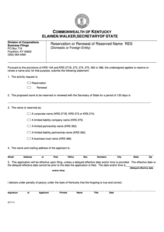 Fillable Form Res - Reservation Or Renewal Of Reserved Name (Domestic Or Foreign Entity) Printable pdf