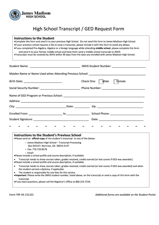 Form Trf-hs 131101 - High School Transcript / Ged Request Form