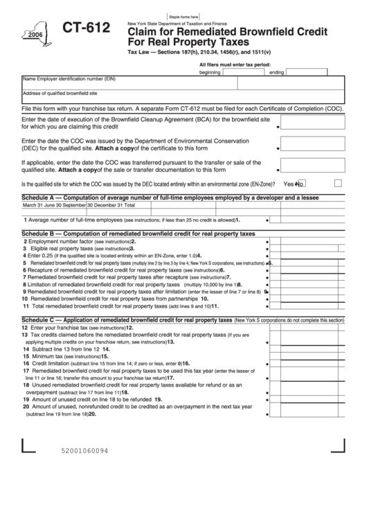 Form Ct-612 - Claim For Remediated Brownfield Credit For Real Property Taxes Printable pdf