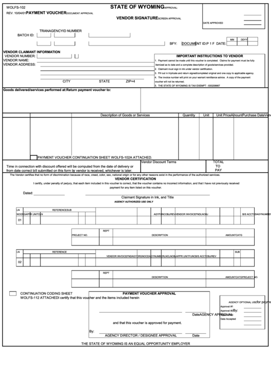 Fillable Form Wolfs-102 - Payment Voucher - Vendor Certification Printable pdf