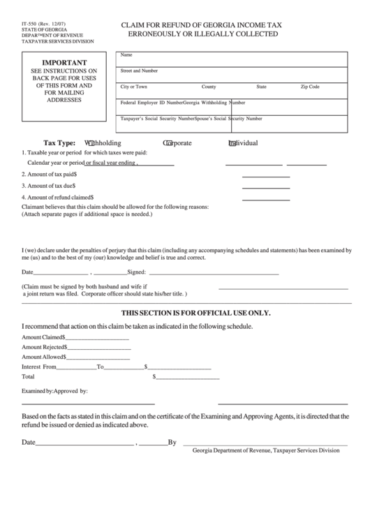 Form It-550 - Claim For Refund Of Georgia Income Tax Erroneously Or Illegally Collected - 2007 Printable pdf