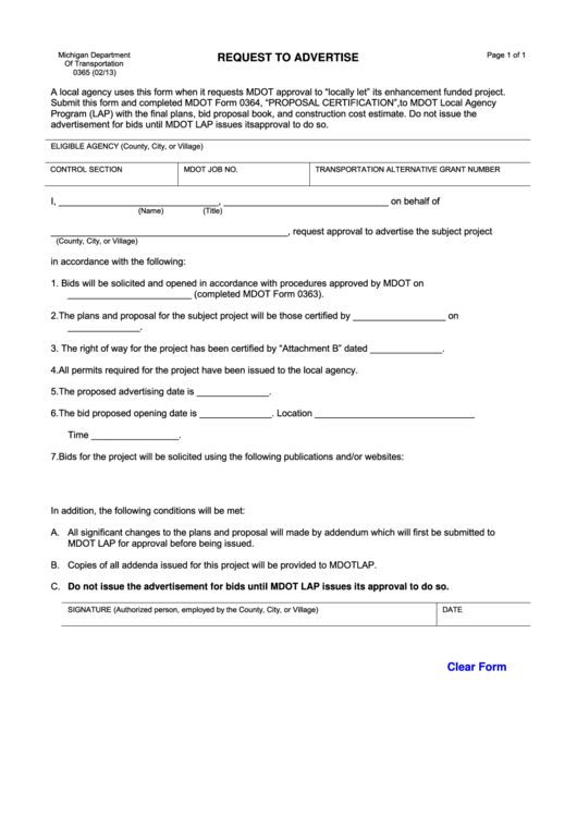 Fillable Form 0365 - Request To Advertise Printable pdf