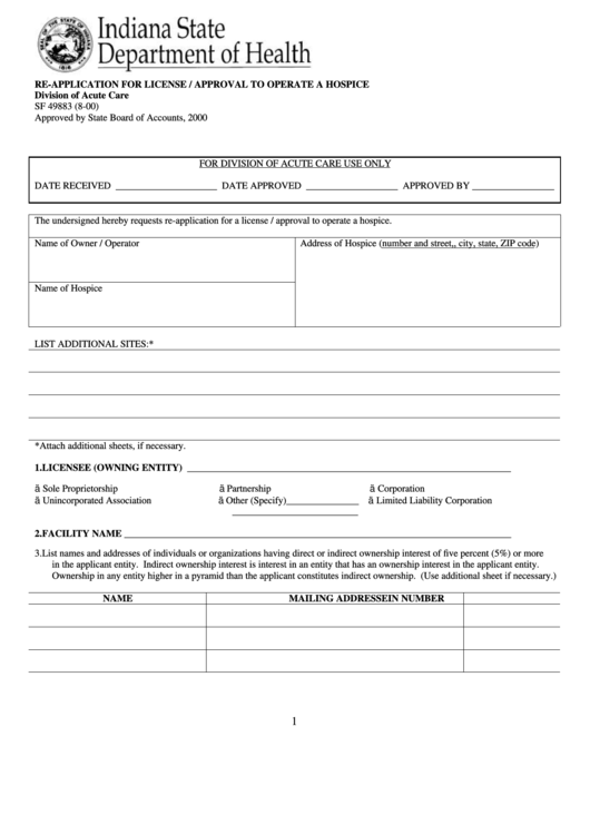 Fillable Re-Application For License / Approval To Operate A Hospice - Indiana Department Of Health Printable pdf
