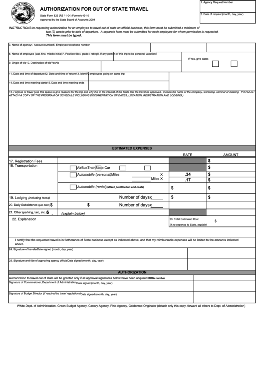 Form 823 - Authorization For Out Of State Travel - State Of Indiana Printable pdf