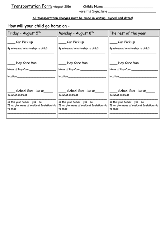 Transportation Form For School Printable pdf