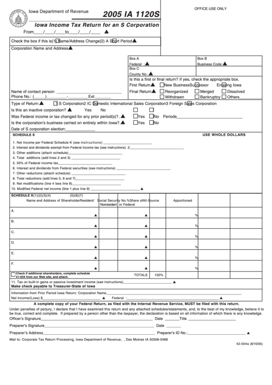 Form Ia 1120s - Iowa Income Tax Return For An S Corporation - 2005 Printable pdf