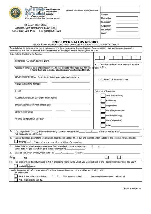 Fillable Form Des-100a - Employer Status Report - Nhes Printable pdf