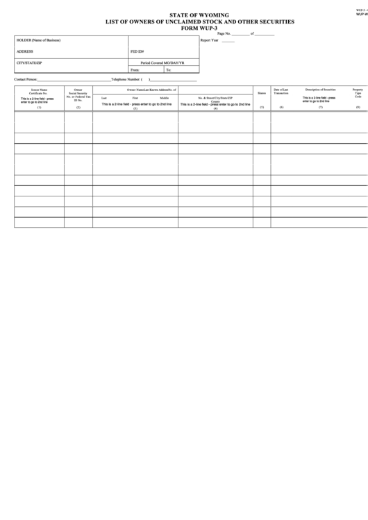 Fillable Form Wup-3 - List Of Owners Of Unclaimed Stock And Other Securities Printable pdf