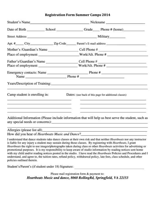 Registration Form Summer Camps Printable pdf