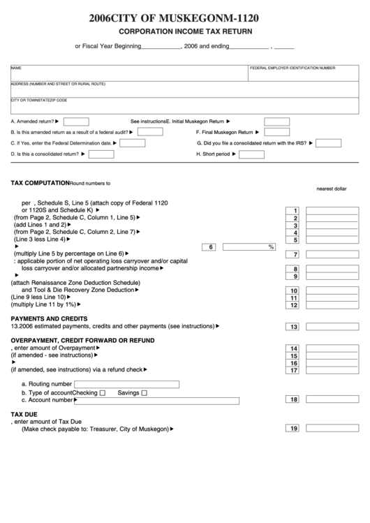 Form M-1120 - Corporation Income Tax Return - State Of Michigan 2006 Printable pdf