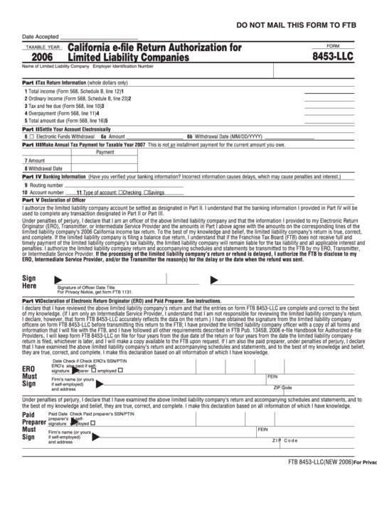 Form 8453-Llc - California E-File Return Authorization For Limited Liability Companies - 2006 Printable pdf