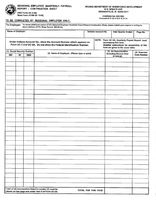 Form Uc-5-Se - Seasonal Employer Quarterly Payroll Report - Continuation Sheet Printable pdf