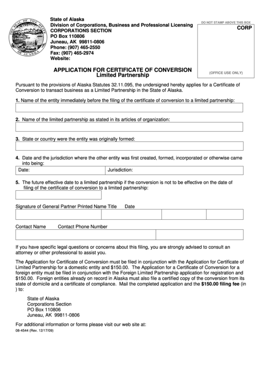 Fillable Form 08-4544 - Application For Certificate Of Conversion Limited Partnership Printable pdf