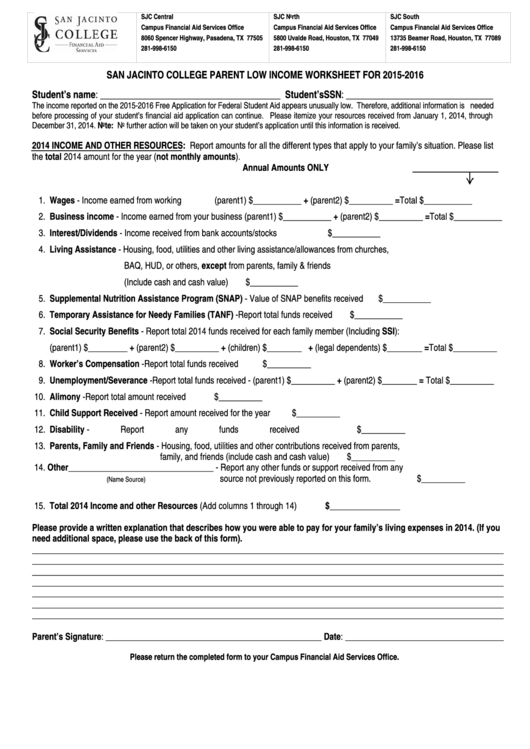 Low Income Worksheet For Parents - 2015-16 Printable pdf