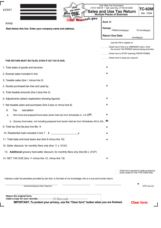 Fillable Form Tc-62m - Sales And Use Tax Return Multiple Places Of Business Printable pdf