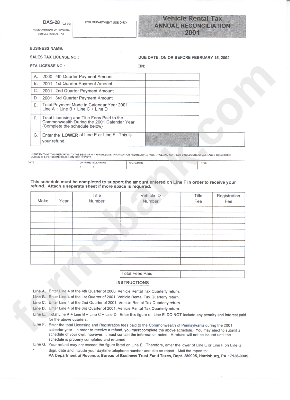 Form Das28 Vehicle Rental Tax Annual Reconciliation 2001 printable