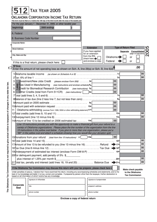 form-512-oklahoma-corporation-income-tax-return-2005-printable-pdf