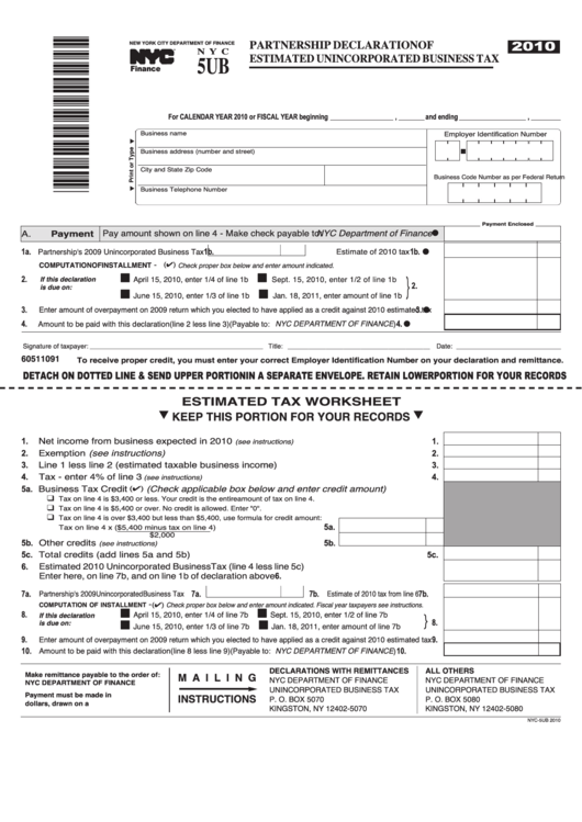 Form Nyc 5ub - Partnership Declaration Of Estimated Unincorporated Business Tax - 2010 Printable pdf