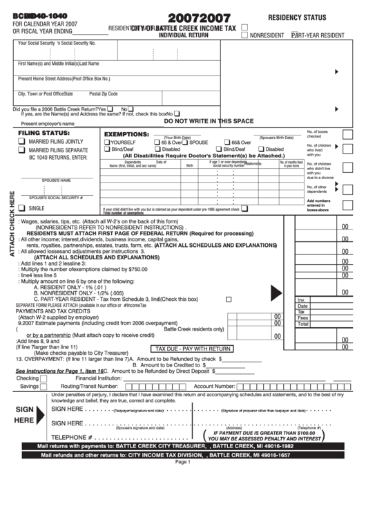 Form Bc-1040 - City Of Battle Creek Income Tax Individual Return - 2007 Printable pdf