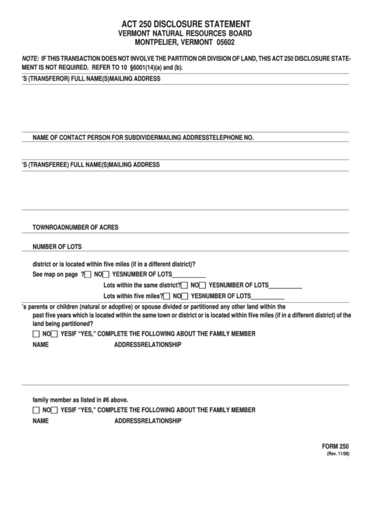 Fillable Form 250 - Act 250 Disclosure Statement 2008 Printable pdf