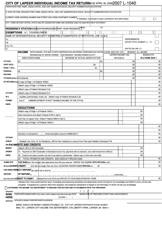 Form L-1040 - Individual Income Tax Return - City Of Lapeer - 2007 Printable pdf