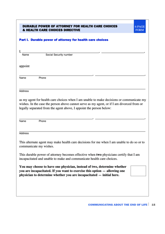 Durable Power Of Attorney Form For Health Care Choices & Health Care Choices Directive Printable pdf