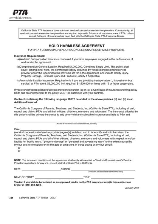 Hold Harmless Agreement Form For Pta Fundraising Vendors/concessionaires/service Providers Printable pdf