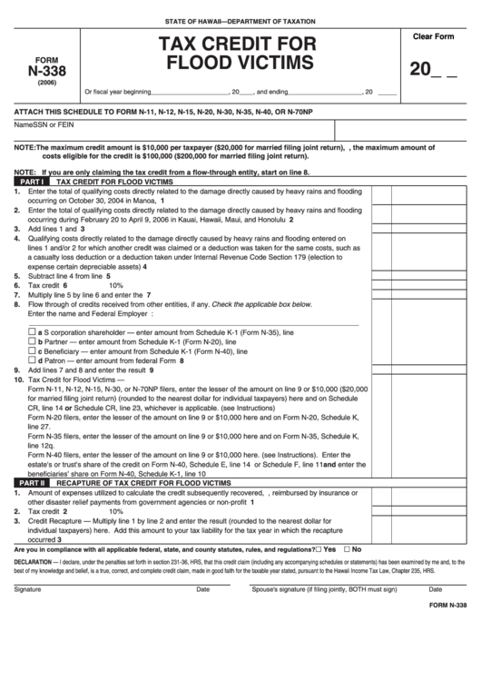 Form N-338 - Tax Credit For Flood Victims