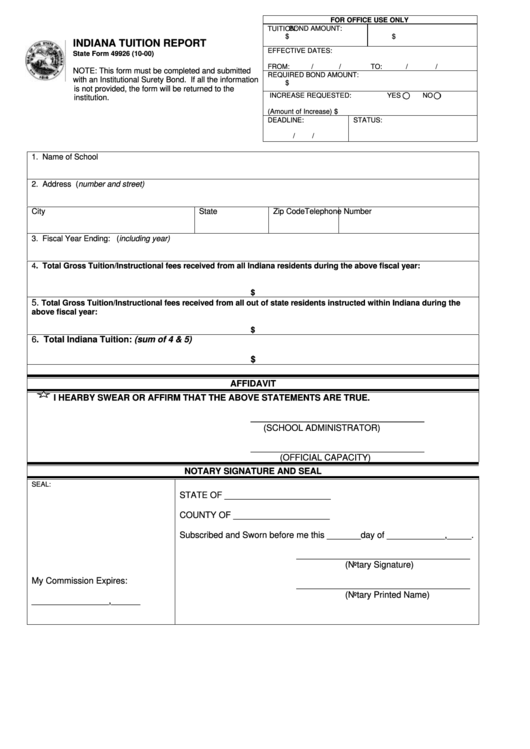 Fillable Form 49926 - Indiana Tuition Report Printable pdf