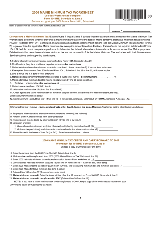 Maine Minimum Tax Worksheet - 2006 Printable pdf