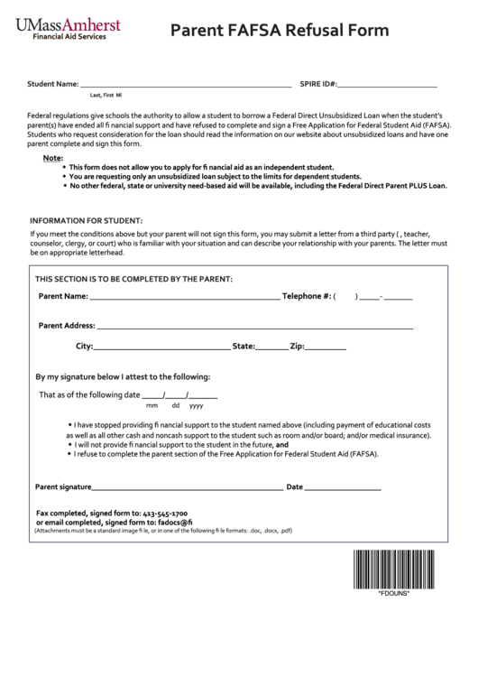 Fillable Parent Fafsa Refusal Form Printable pdf