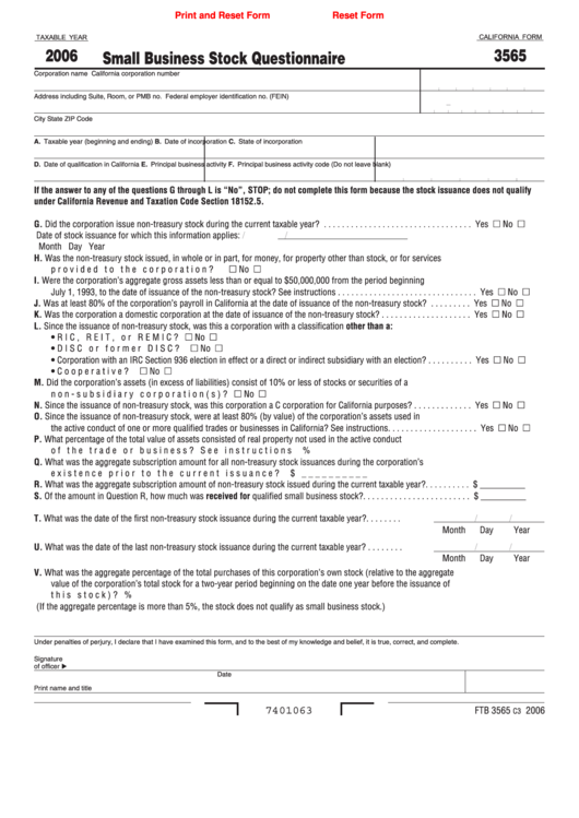 Fillable California Form 3565 - Small Business Stock Questionnaire - 2006 Printable pdf