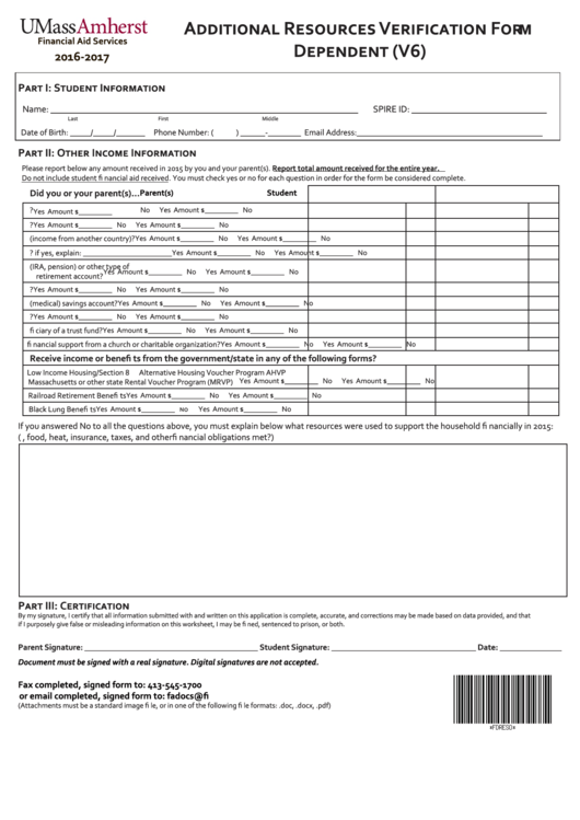 Fillable Additional Resources Verification Form - Dependent Printable pdf