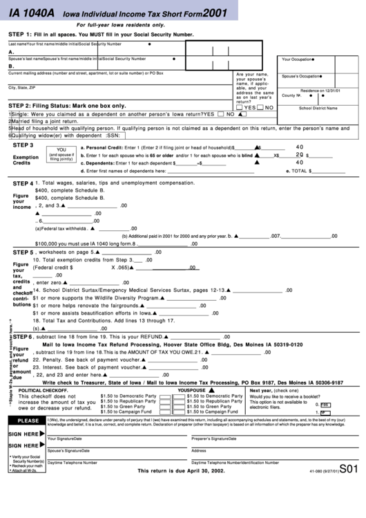 Form Ia 1040a - Iowa Individual Income Tax - Short Form - 2001 Printable pdf