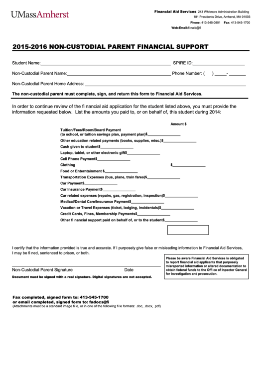 Fillable Non-Custodial Parent Financial Support - 2015-16 Printable pdf