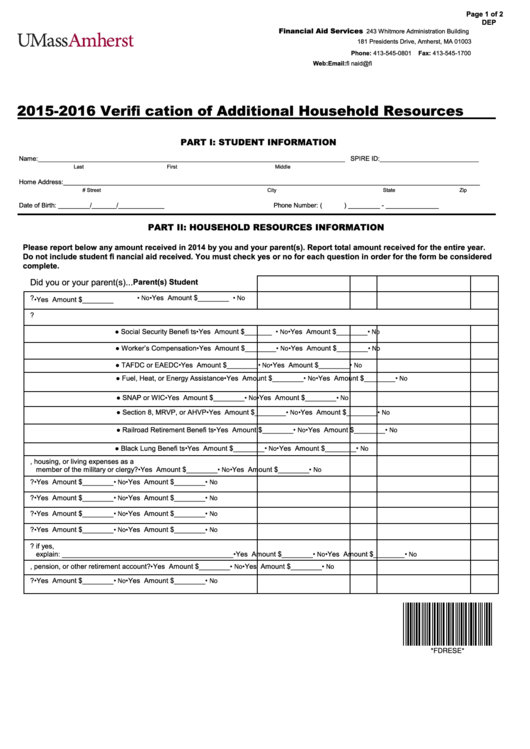 Fillable Verification Of Additional Household Resources Printable pdf