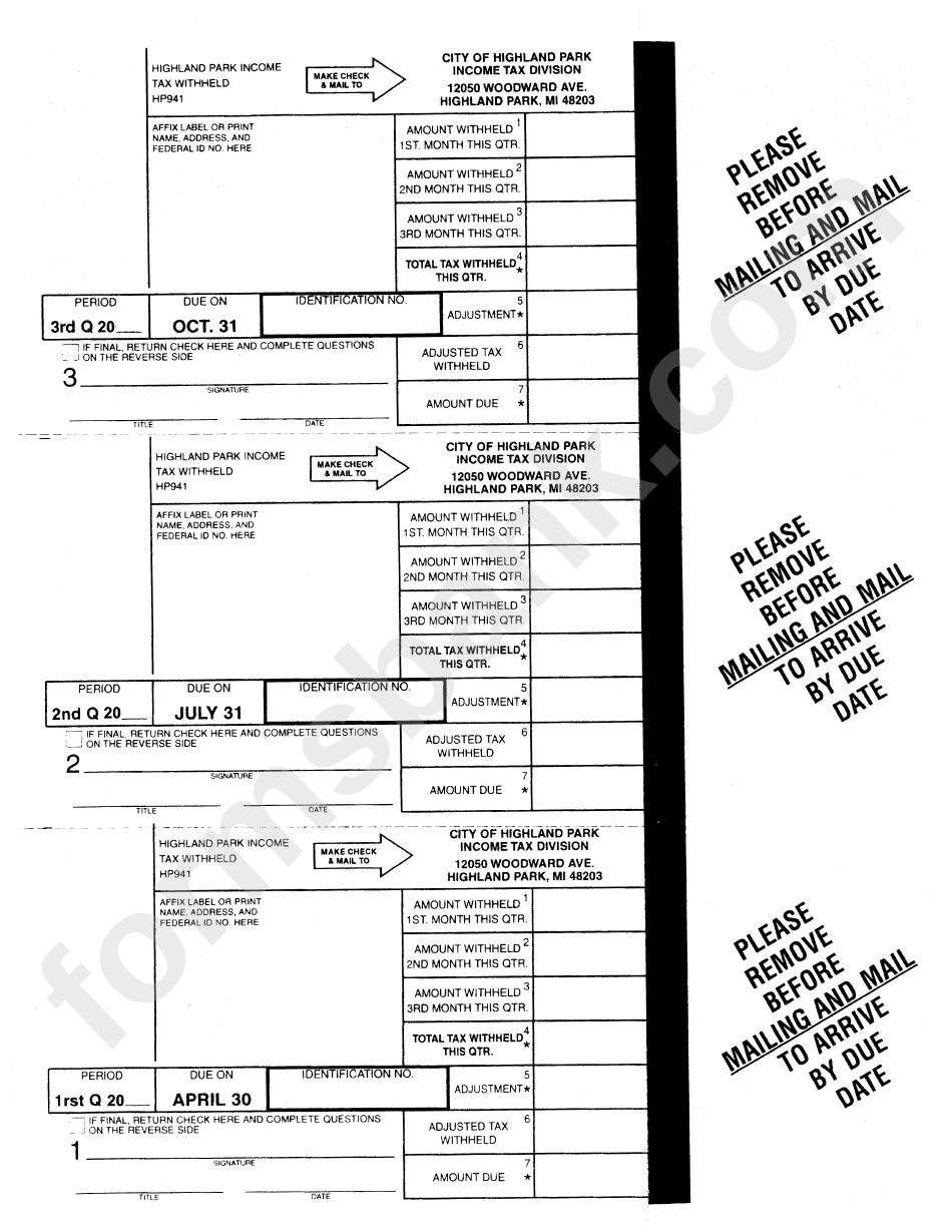 Form Hp941 - Quarterly Tax Withheld - City Of Highland Park