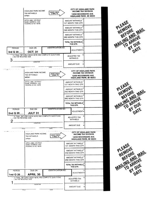 Form Hp941 - Quarterly Tax Withheld - City Of Highland Park Printable pdf
