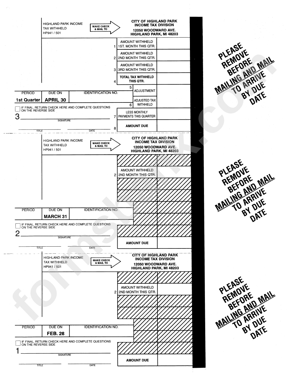 Form Hp941 - Quarterly Tax Withheld - City Of Highland Park