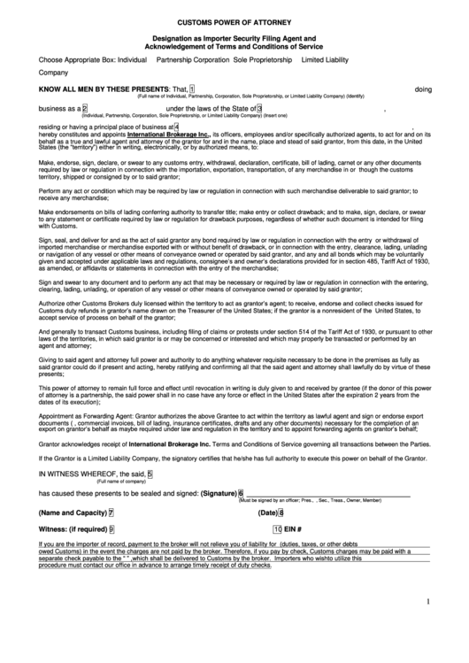 Customs Power Of Attorney Form printable pdf download